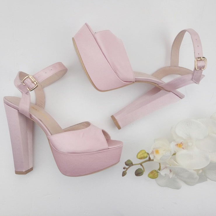 Light Pink Satin Strap Bridal Chunky Platform Shoes - Tajna Club