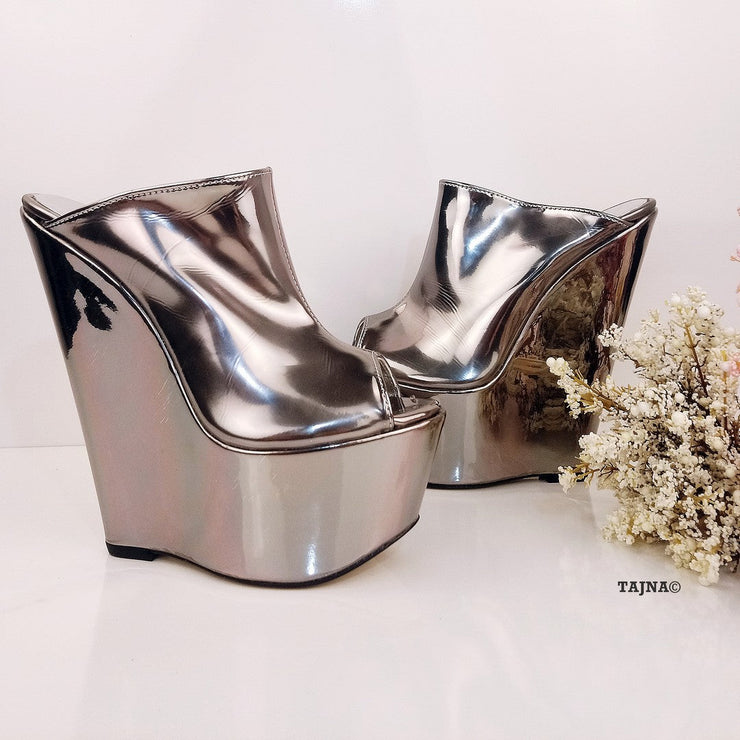 Silver Peep Toe 17 cm Heel Wedge Mules - Tajna Club