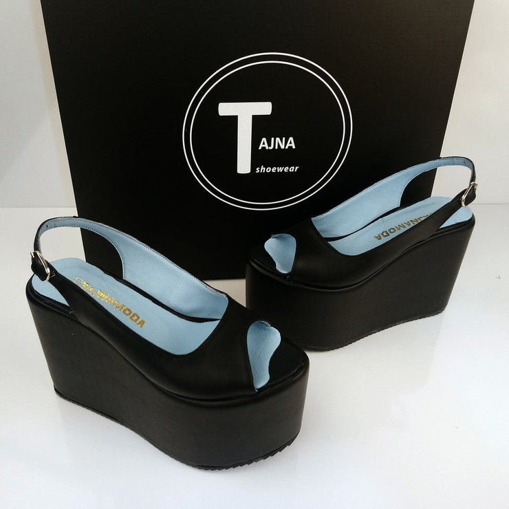 Black Peep Toe Wedge Platform Sandals - Tajna Club