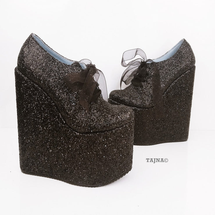 Black Shinny Lace Up Shinny Wedge Platform Shoes - Tajna Club
