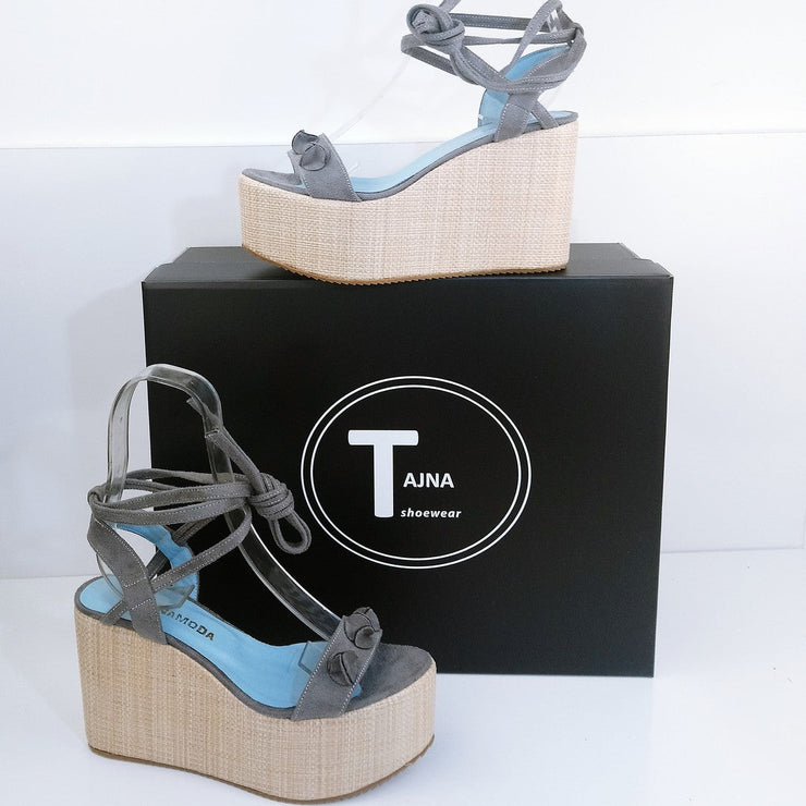 Lace Up Gray Suede Wedge Platform Sandals - Tajna Club