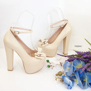Nude Cream Bridal Ribbon Chunky Platform Shoes - Tajna Club