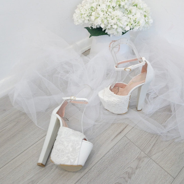Lace White Ankle Strap High Heel Platform Bride Shoes - Tajna Club