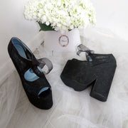 Black Full Lace Super High Heel Wedding Wedge Shoes - Tajna Club
