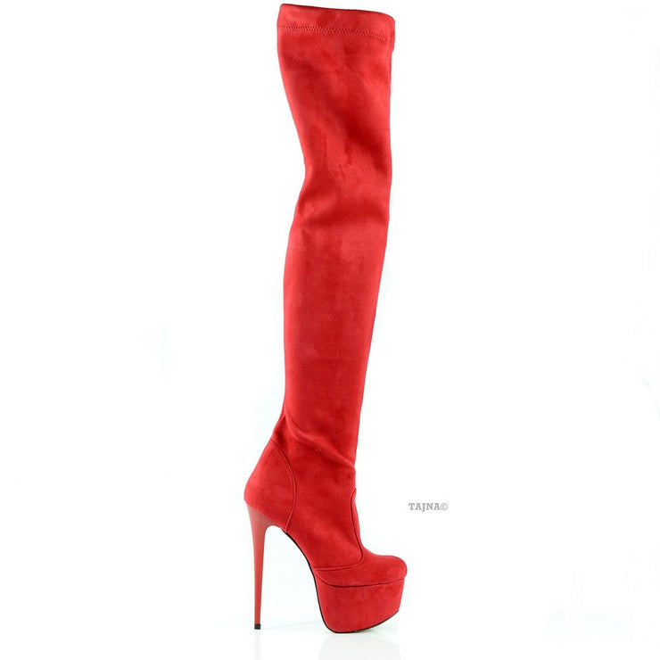 Red Strech Suede Knee High Boots - Tajna Club