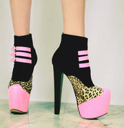 Fuschia Black Leopard High Heel Platform Ankle Boots - Tajna Club