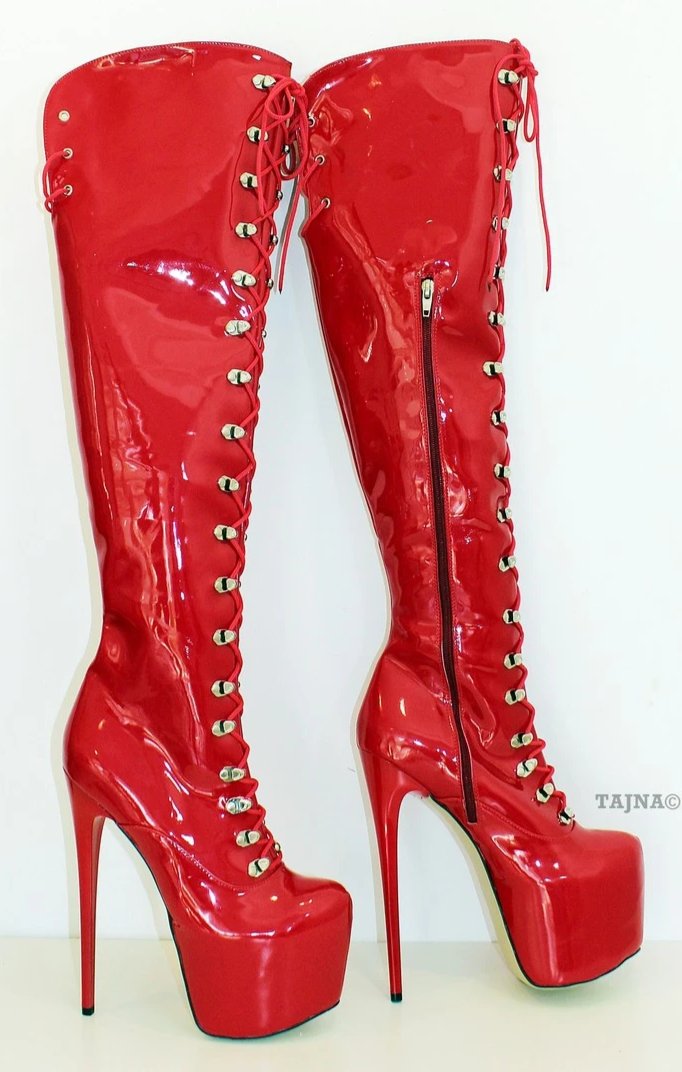 Red Patent Military Style Knee High Boots - Tajna Club