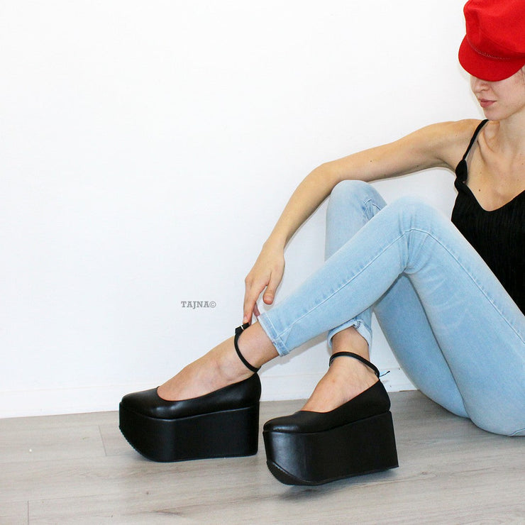 Ankle Strap Black Flat Wedge Platform Shoes - Tajna Club