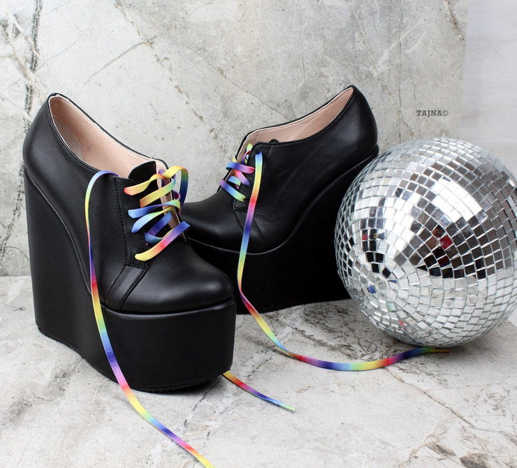 Rainbow Lace Up Black Wedge Shoes - Tajna Club