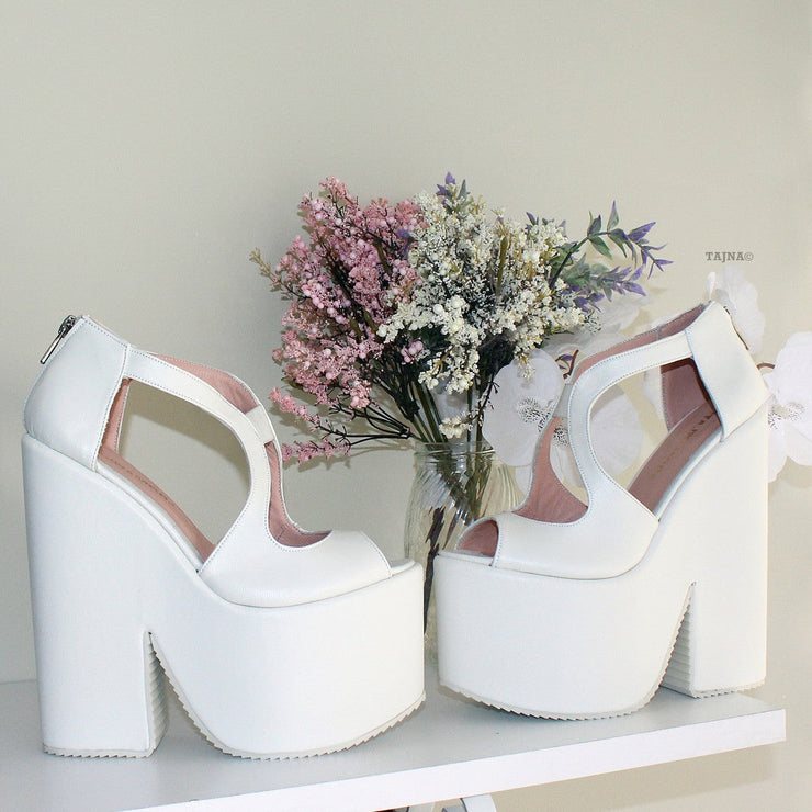 White Slit Peep Toe Platform Bridal Wedge Shoes - Tajna Club