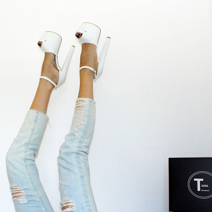 White Ankle Strap 19 cm Peep Toe Platform Heels - Tajna Club