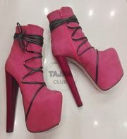 Pink Black Lace Up High Heel Platform Boots - Tajna Club