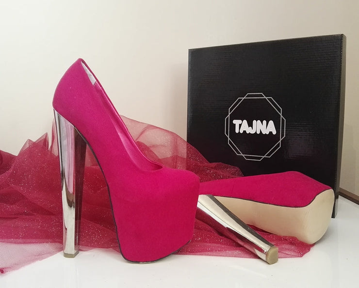 Dark Pink Suede Silver Metalic 19 cm High Heel Platform Shoes - Tajna Club