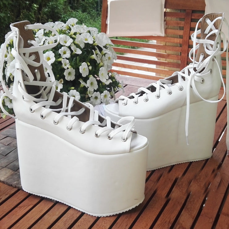 White Balerina Lace Up Wedge Platform Shoes - Tajna Club