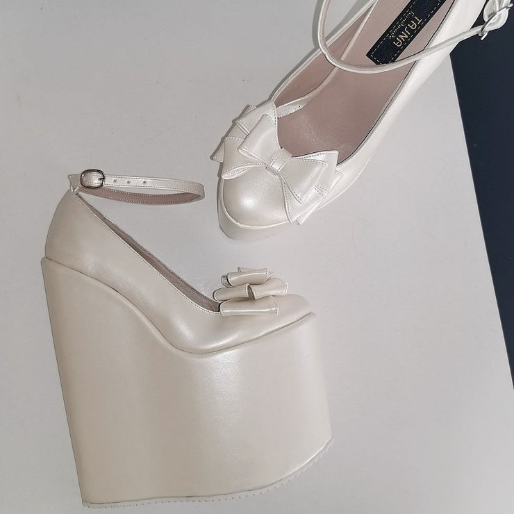 Bridal Ivory Ribbon Platform Wedge Shoes - Tajna Club