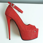 Red Shimmer Shiny Peep Toe Ankle Strap - Tajna Club