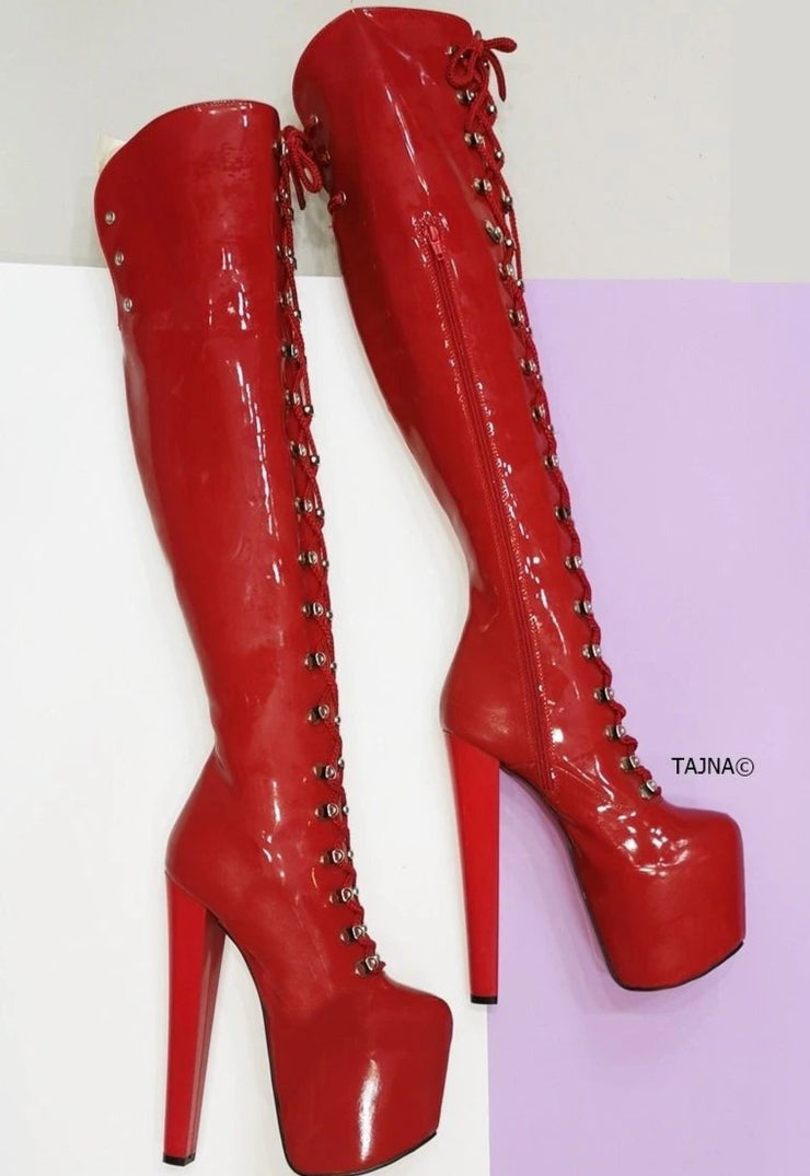 Red Patent Military Style Chunky Heel Boots - Tajna Club