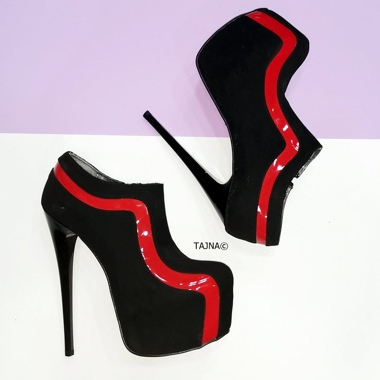 Black Suede Red Detail Ankle Booties - Tajna Club