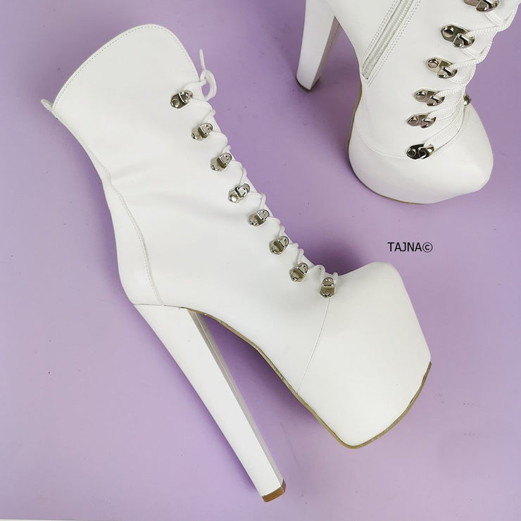 White Lace Up Chunky Heels Boots - Tajna Club