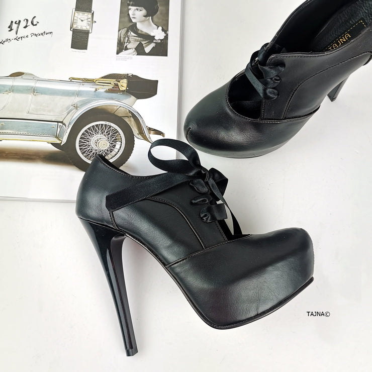 Black Vintage Style Lace Up Heels - Tajna Club