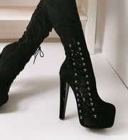 Black Suede Corset Style Knee High Boots - Tajna Club