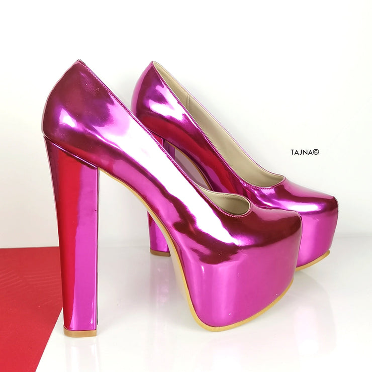 Pink Fucshia Mirror Chunky High Heels - Tajna Club