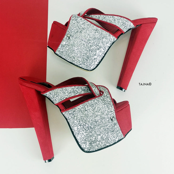 Red Silver Glitter Chunky Heel Mules - Tajna Club