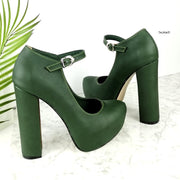 Dark Green 13 cm Chunky Heel Mary Jane Heels - Tajna Club