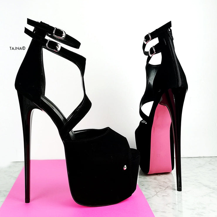 Black Suede Designer Strap Heels - Tajna Club