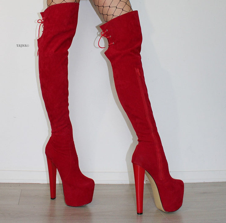 Red Suede Over Knee Platform Boots - Tajna Club