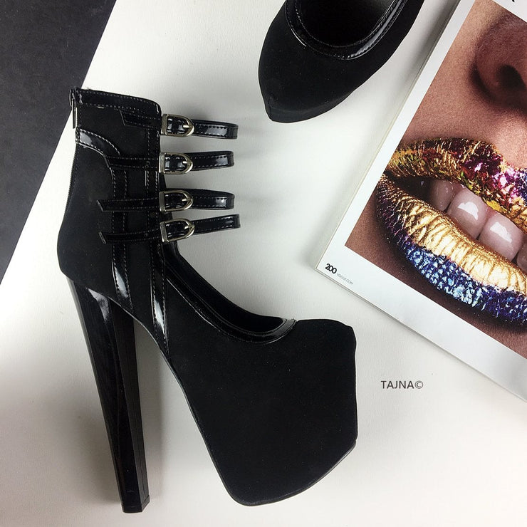Black Suede Four Belted Ankle Platforms - Tajna Club