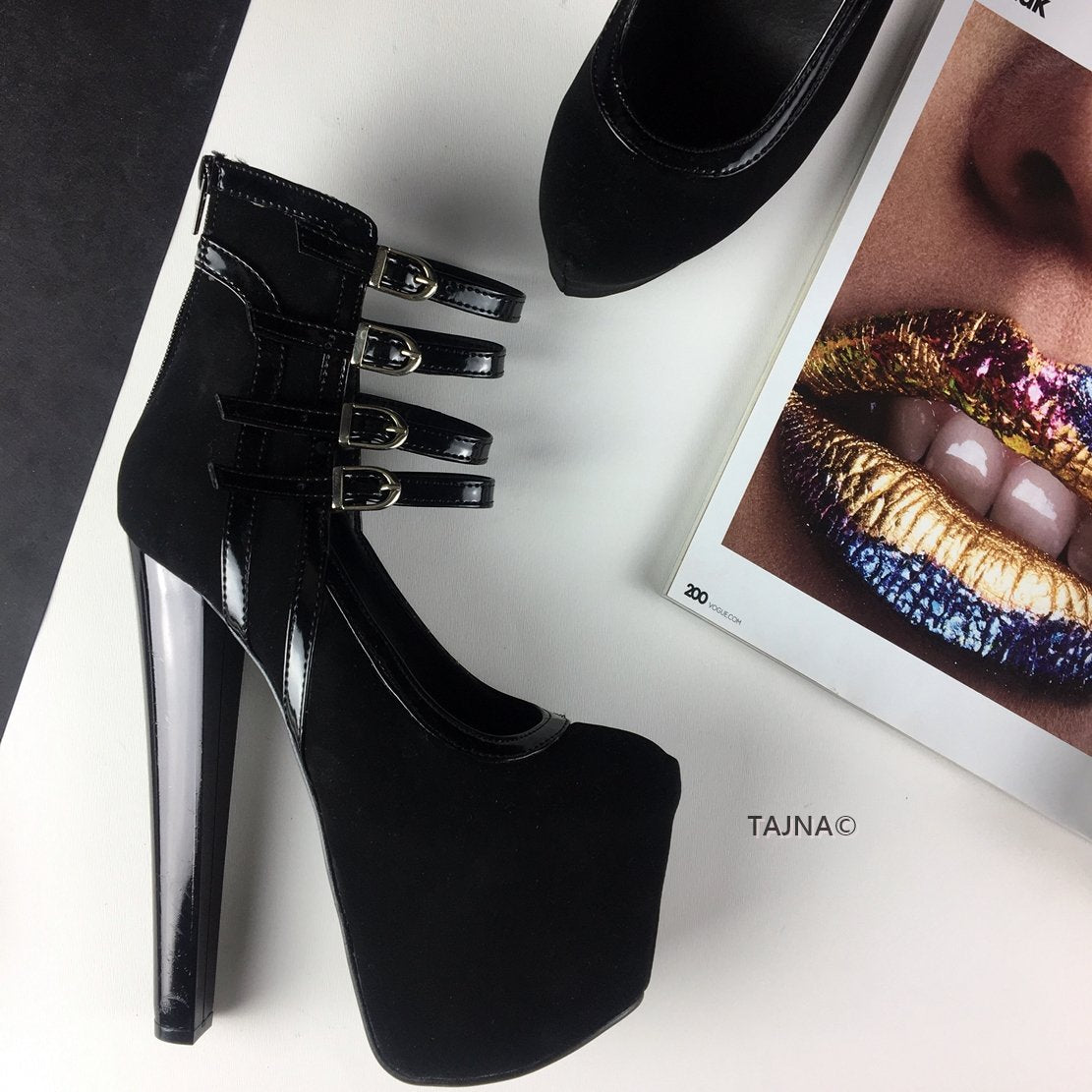 Black Suede Four Belted Ankle Platforms | Tajna Club