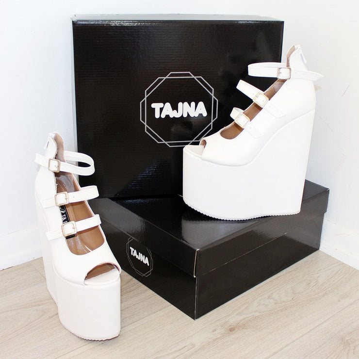 Belted White Peep Toe Wedged Platform Shoes - Tajna Club
