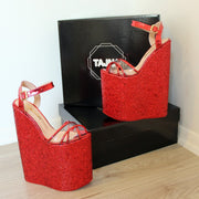 Shiny Red 25 cm Super High Heel Platform Wedge Sandals - Tajna Club