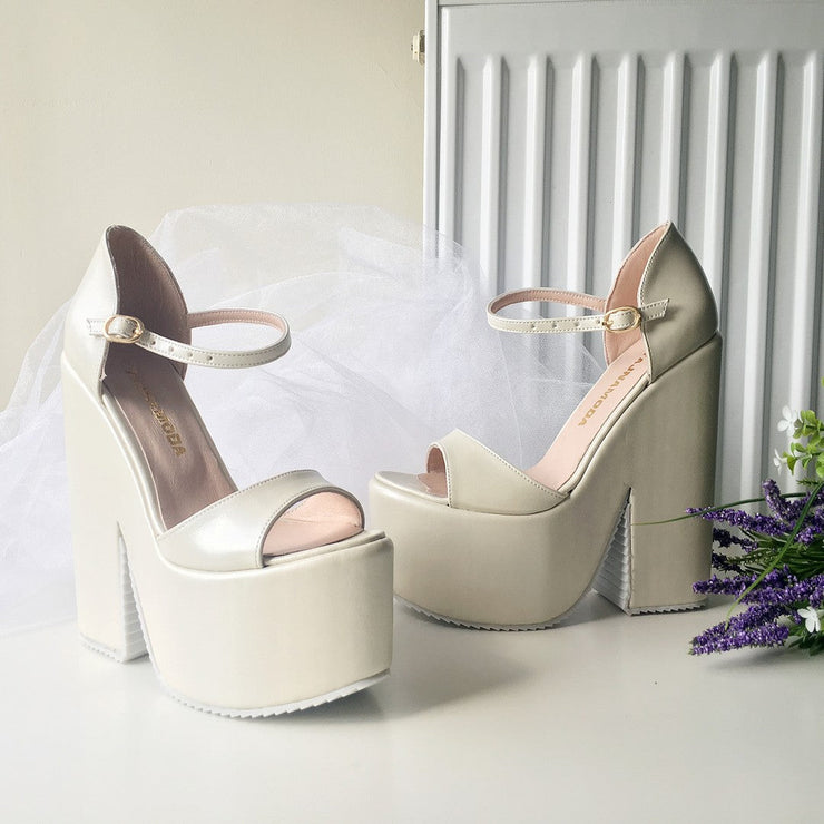Ivory Cream High Heel Wedge Platform Wedding Shoes - Tajna Club