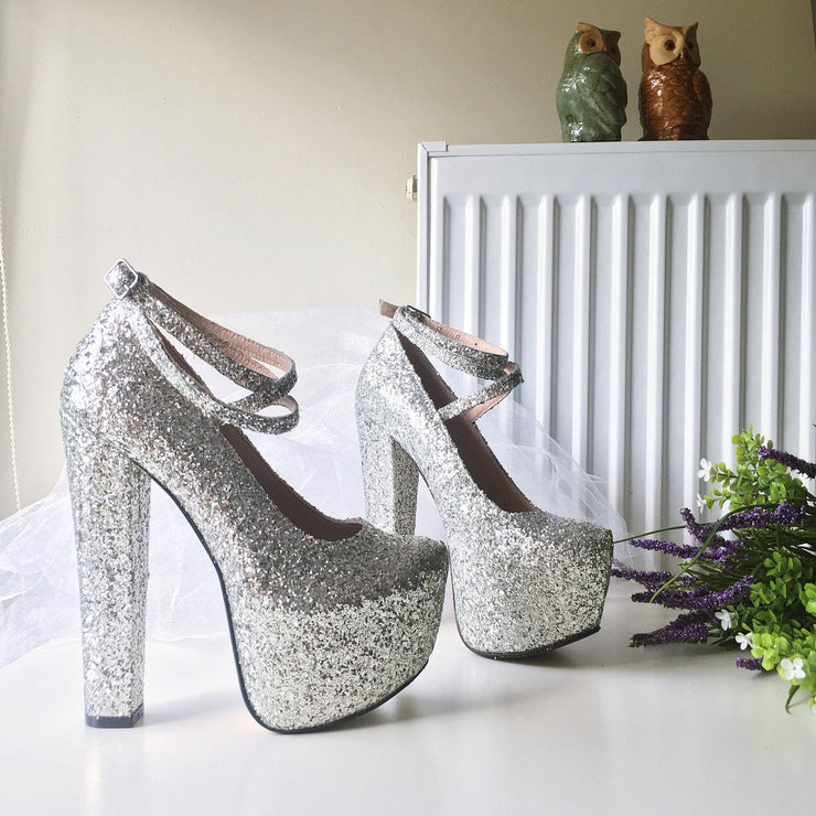 Silver Shimmer Glitter High Heel Platform Shoes - Tajna Club