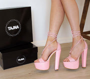Light Pink Lace Up High Heel Summer Platforms - Tajna Club