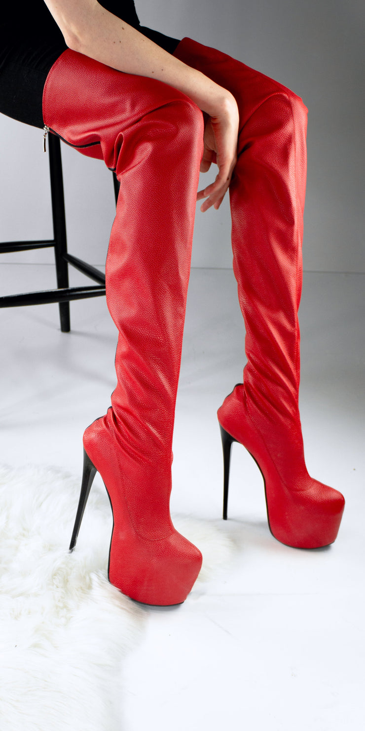 Red Matte Back Zip Thigh High Boots