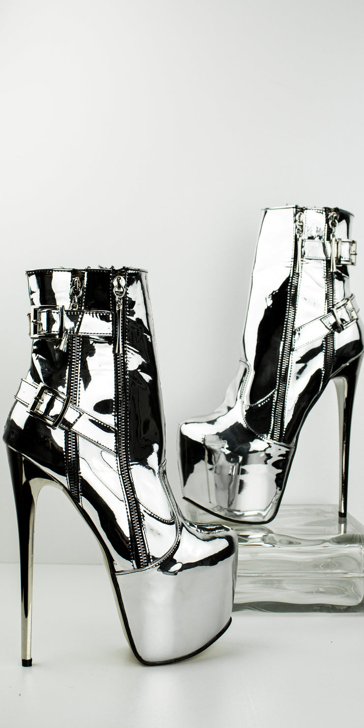 Belted Ankle Silver Mirror Platform Boots