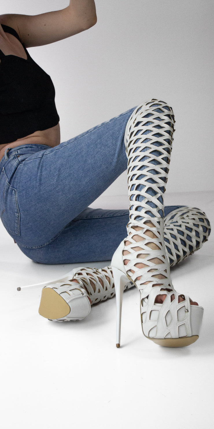 White Laser Cut Knee High Boots