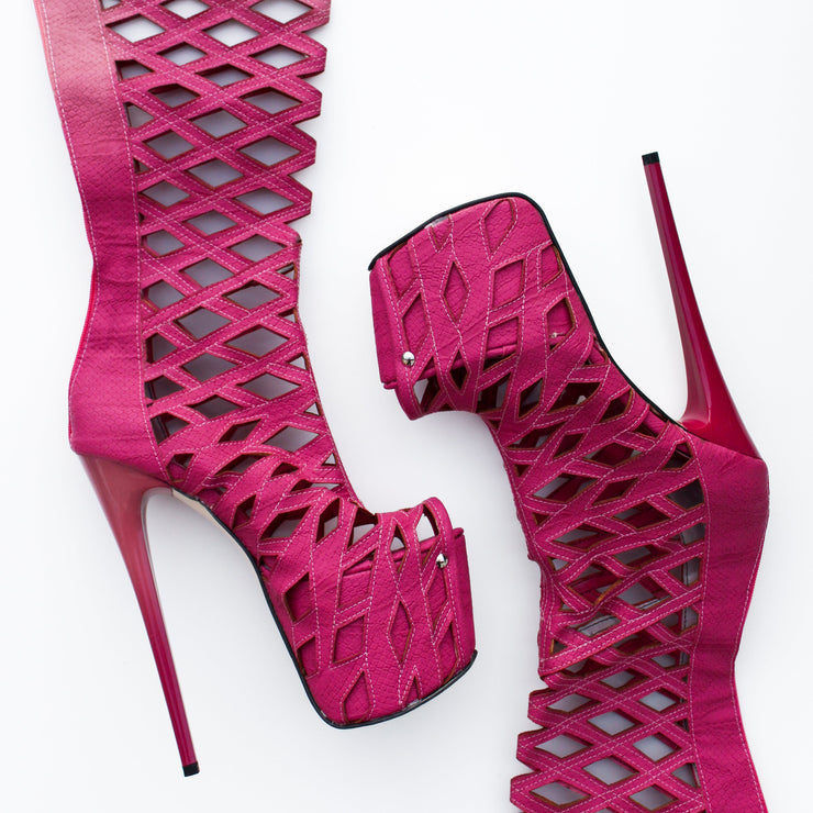 Pink Laser Cut Thigh High Boots