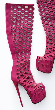 Pink Laser Cut Thigh High Boots