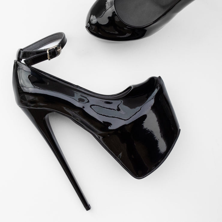 Black Gloss Ankle Strap Platform Heels