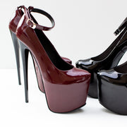 Bordeaux Gloss Ankle Strap Platform Heels