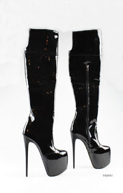 Black Patent Platform Knee High Boots - Tajna Club
