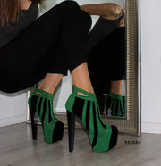 Green Black Stripe High Heel Platform Ankle Boots - Tajna Club