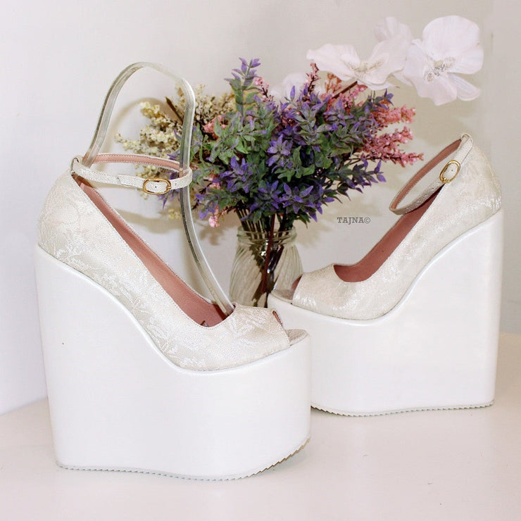White Lace 19 cm High Heel Platform Bridal Shoes - Tajna Club