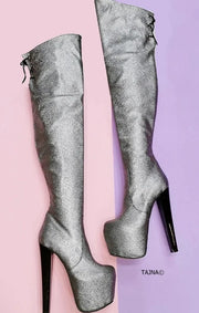 Silver Metallic Gray Knee High Boots - Tajna Club