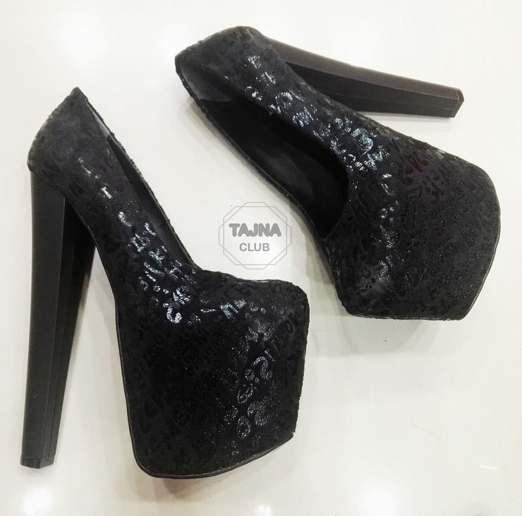 Black Suede Gilt Printed 20 cm High Heel Platform Shoes - Tajna Club