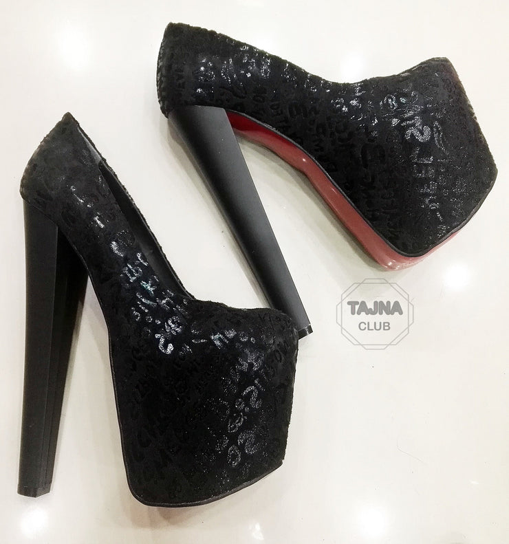 Black Suede Gilt Printed 20 cm High Heel Platform Shoes - Tajna Club